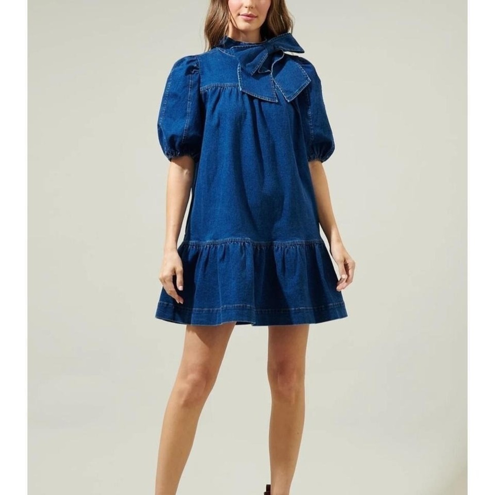 Sugar Lips Denim Bow Dress‎ Aura Jacey Size Large Boho Preppy Western